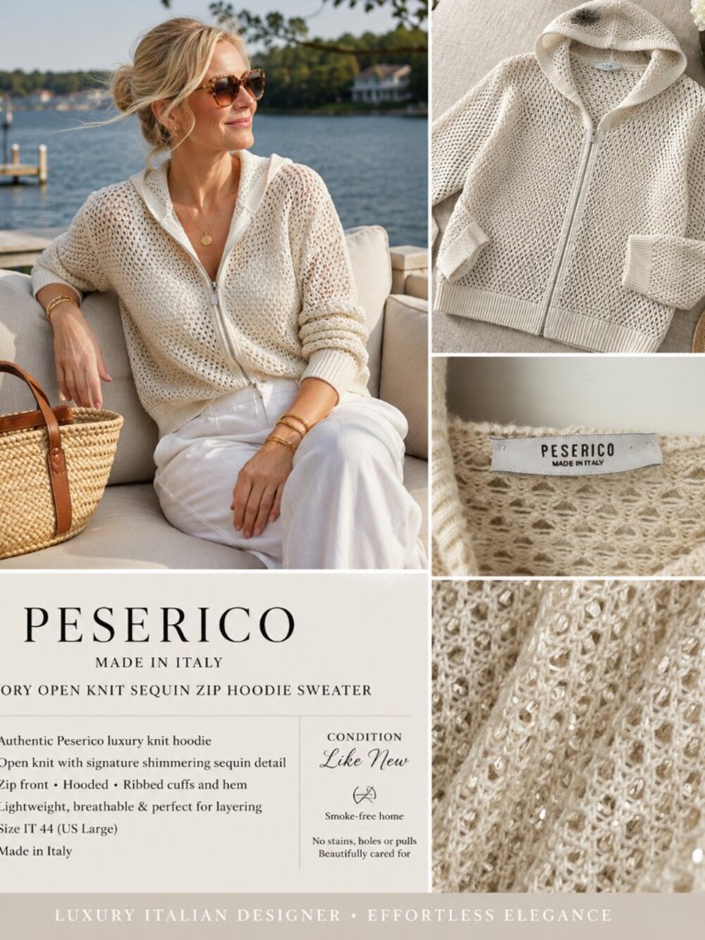 Peserico Italy Ivory Open Knit Sequin Zip Hoodie Sweater Size IT 44 / US L